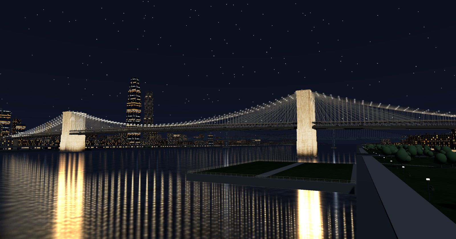 The Brooklyn Bridge at night, its granite towers floodlit and their reflections streaking across the East River