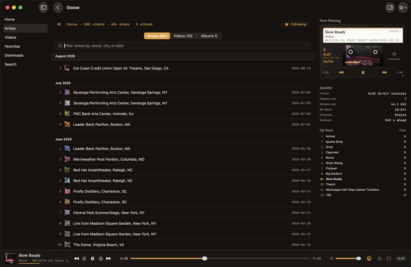 The Goose artist page in AppleNugs: a Shows/Videos/Albums scope picker reading 484 shows, a filter field, and dense one-line rows of venue, city and date under sticky month headers