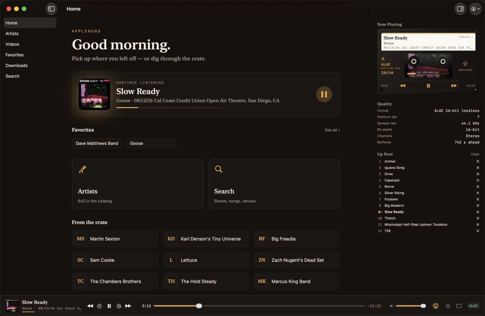 The AppleNugs window on macOS in the Tape Room theme: artist sidebar, an expanded show, the dashboard inspector open on the right showing format and buffer, and the transport bar along the bottom