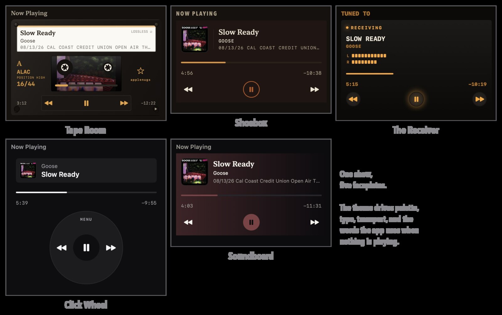 The five AppleNugs themes side by side: Tape Room, Shoebox, The Receiver, Click Wheel and Soundboard, each showing its own mini-player treatment