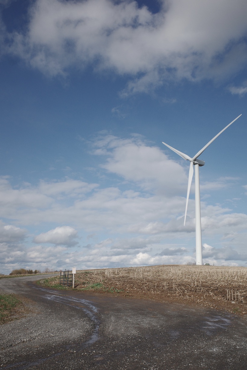 A wind turbine on a hilltop beside a harvested cornfield and a muddy gravel road, under a blue sky with big white clouds.