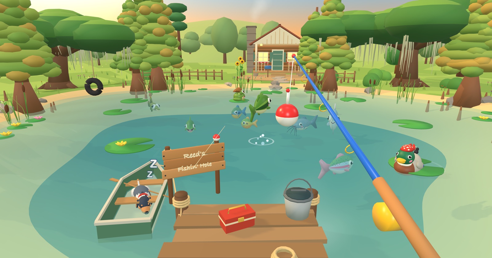 Reed's Fishin' Hole: a golden-hour backwoods pond with a log cabin, cypress trees hung with Spanish moss, a bass leaping by a red and white bobber, a sleeping hound in a jon boat, a mallard in a bandana, and a hand-painted sign reading Reed's Fishin' Hole